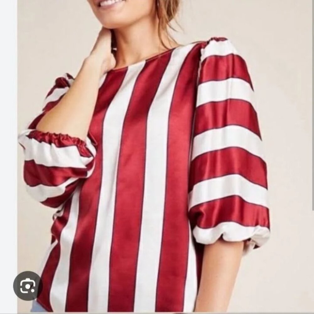 Maeve Maria Anthropologie Striped Red White Women's Top Sz 12 Balloon Sleeves